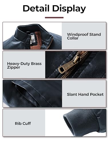 WenVen Men's Stand Collar Fleece Lined Faux Leather Jacket Warm Winter Coat | Bomber Outerwear - color: Navy, size: Large