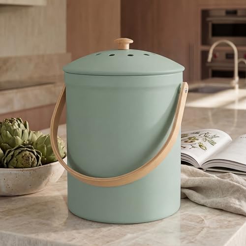 Beautiful Kitchen Compost Bin with Smell Proof Lid for Your Countertop - color: Sage
