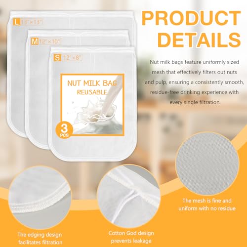Nut Milk Bag Reusable 3 Pack (8"x12"/10"x12"/13"x13") Fine Mesh Nylon Cheese Cloth Strainer Bags for Straining Almond Milk, Soy Milk, Greek Yogurt, Cold Brew Coffee, Juice, Tea, Tofu, Chees