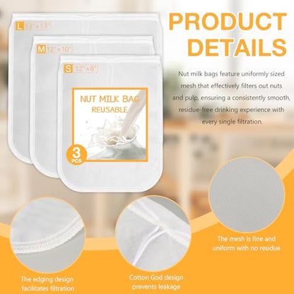Nut Milk Bag Reusable 3 Pack (8"x12"/10"x12"/13"x13") Fine Mesh Nylon Cheese Cloth Strainer Bags for Straining Almond Milk, Soy Milk, Greek Yogurt, Cold Brew Coffee, Juice, Tea, Tofu, Chees