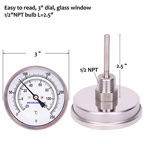MEASUREMAN Fully Stainless Steel Pot, Kettle, Brewing Bimetal Thermometer, 3" Dial, 2-1/2" Stem, 0-250 deg F/-20-120 deg C, -1% Accuracy, Adjustable, 1/2" NPT Back Mount - size: 3" Dial, 2-1/2" Stem, 0-250 deg F/-20-120 deg C, style: 2-1/2" Stem