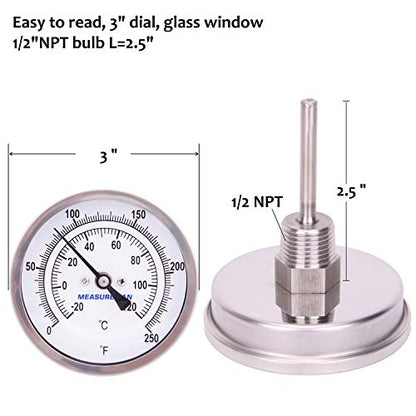 MEASUREMAN Fully Stainless Steel Pot, Kettle, Brewing Bimetal Thermometer, 3" Dial, 2-1/2" Stem, 0-250 deg F/-20-120 deg C, -1% Accuracy, Adjustable, 1/2" NPT Back Mount - size: 3" Dial, 2-1/2" Stem, 0-250 deg F/-20-120 deg C, style: 2-1/2" Stem