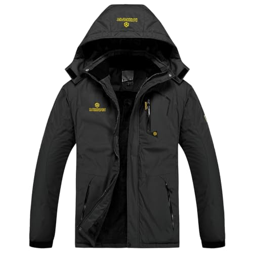 Men's Winter Ski Jacket Warm Fleece Waterproof Outdoor Mountain Hiking Windbreaker Hooded Snow Rain Coat - color: Black, size: Large