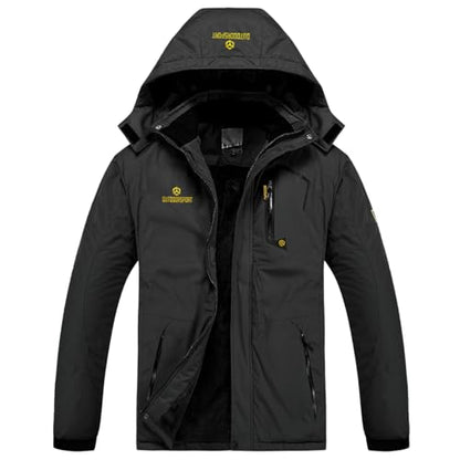 Men's Winter Ski Jacket Warm Fleece Waterproof Outdoor Mountain Hiking Windbreaker Hooded Snow Rain Coat - color: Black, size: Large
