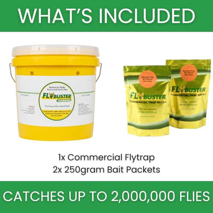 Flybuster Fly Trap | Outdoor Device for Catching Flies | 10-Liter Commercial Size | Comes with One Flytrap and 2 Bait Packets | 2,000,000 Fly Capacity | Non-Toxic | Child & Pet Safe - size: Commercial (1-Pack)