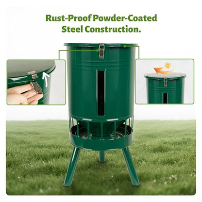 KOL 50LB Metal Chicken Feeder - No Waste, No Clog Design with 16 Ports & Smooth Gravity-Flow, Powder Coated Rust-Proof for Coop Use (Green) - color: Green