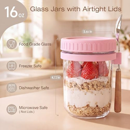 16oz Glass Overnight Oats Containers with Lids & Spoons, 6 Pack MultiColor - color: Misty Colors - 6 Pack