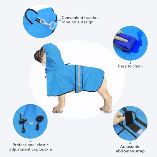 Dog Raincoat, Reflective Waterproof Hooded Pet Rain Jacket, Lightweight Dog Slicker Poncho with Leash Hole for Large Dogs (Blue, XX-Large) - color: Blue, size: XX-Large