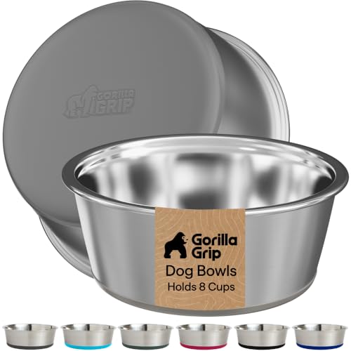 GORILLA GRIP Dog Bowls, Food Grade Stainless Steel, Set of 2, 8 Cup, Gray | 304 Stainless Steel Pet Feeding Bowls Hold 64 fl oz Each, Dishwasher Safe, Rust Resistant, BPA Free Rubber Base - color: Gray, size: 8 Cup (64 Oz)