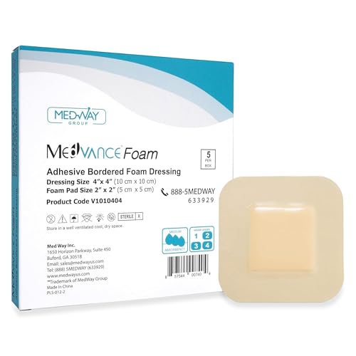 Medvance Waterproof Adhesive Bordered Foam Dressing, 4"x4", Box of 5 | Individually Wrapped - Highly Absorbent Bandages - Semi-Permeable Foam Wound Dressing Pads - size: 4"X4"