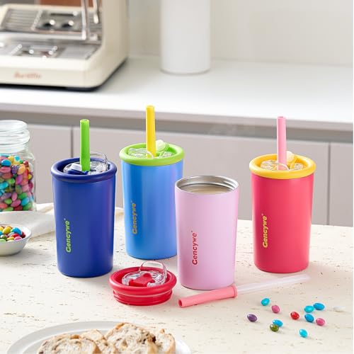 Gencywe® 2 PACK Kids Double Walled Stainless Steel Cups with Straws and lids | 12 oz Spill-Proof Sippy Smoothie Tumbler Set, Small Kids Snack & Drink Water Cups, BPA-Free (Age: 3+ years old & up)
