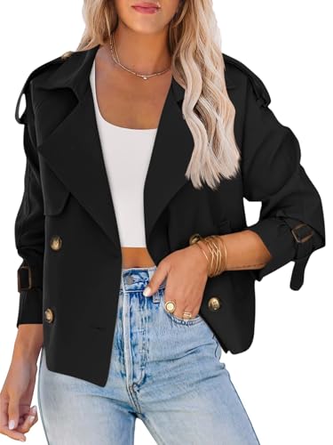 Saodimallsu Women Crop Double Breasted Trench Coat Short Cropped Jacket - color: Black, size: Medium
