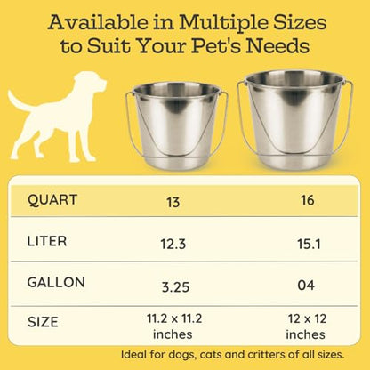 16 Quart Heavy Duty Stainless Steel Round Bucket with Arc-Shaped Handle, Metal Feed & Water Pail for Dogs, Horses, Livestock, Farm, Barn, Stable & Kennel - size: 16 Quart