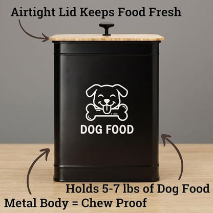 Metal Dog Food Container 5-7lb, 25 Cup w/ Airtight Bamboo Lid, Metal Handle - color: Black: Dog Face
