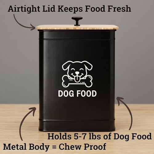 Metal Dog Food Container 5-7lb, 25 Cup w/ Airtight Bamboo Lid, Metal Handle - color: Black: Dog Face
