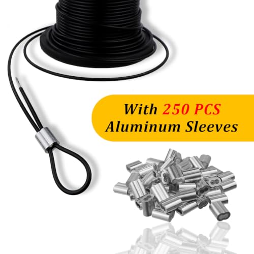 Vinyl Coated Wire Rope 304 Stainless Steel Coated Wire Cable-Black, 1/16" OD to 3/32" x700FT, with 250 Pcs Crimping Sleeves-Cable for String Lights, Suitable for Clotheslines - size: 700FT