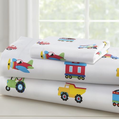 Wildkin Twin Sheet Set – Soft Microfiber, Fitted & Top Sheet, Pillowcase - Trains, Planes, and Trucks - color: Trains, Planes, and Trucks