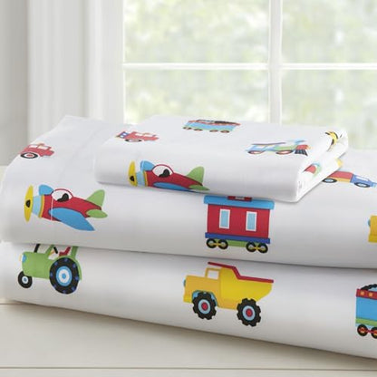 Wildkin Twin Sheet Set – Soft Microfiber, Fitted & Top Sheet, Pillowcase - Trains, Planes, and Trucks - color: Trains, Planes, and Trucks