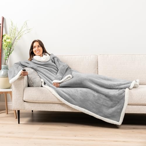PAVILIA Sherpa Wearable Blanket with Sleeves and Pocket, Plush Thick Cozy Body Blanket Wrap for Adult Women Men, Christmas Gift for Wife Mom, Light Grey - color: Light Gray