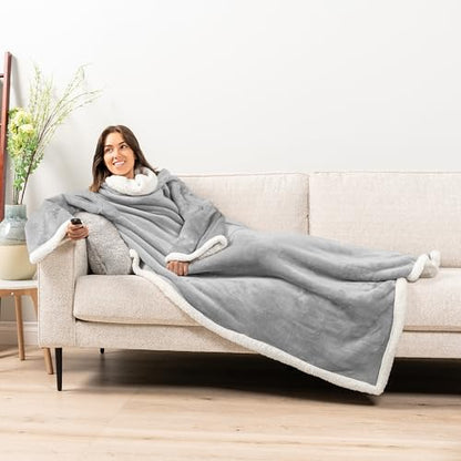 PAVILIA Sherpa Wearable Blanket with Sleeves and Pocket, Plush Thick Cozy Body Blanket Wrap for Adult Women Men, Christmas Gift for Wife Mom, Light Grey - color: Light Gray