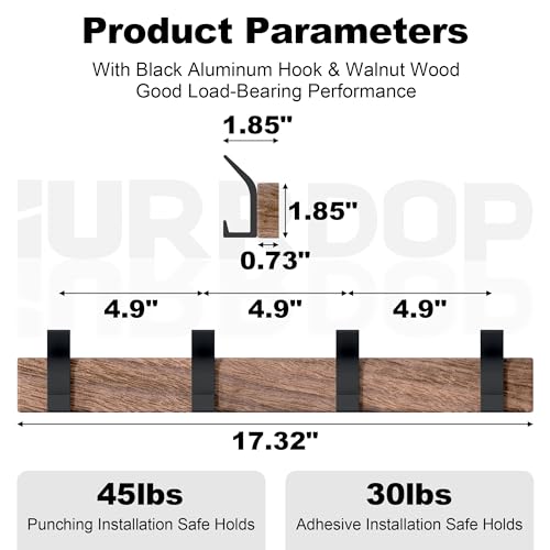 17 Inch Black Walnut Wood Wall Mounted Coat Rack with 4 Black L Hooks, Adhesive Mounted Entryway Hooks, Modern Natural Wooden Pegs for Hanging Coat Clothes Hat Bag Purse Key and Towel - color: Coat Rack with 4 L Hooks