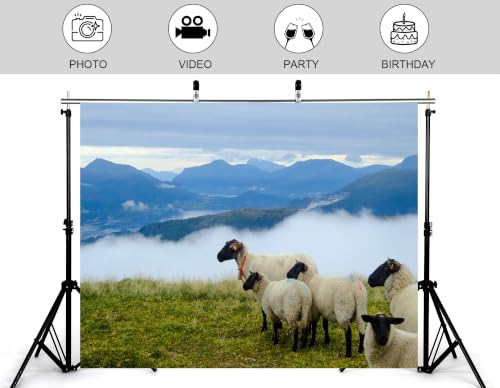 5x3ft Fabric Black Face Wool Sheep Backdrop Green Highland Meadow Misty Fjord Mountain Overcast Sky Photography Background Tapestry Party Alpine Pasture Decorations Photo Booth Props - size: 5x3ft