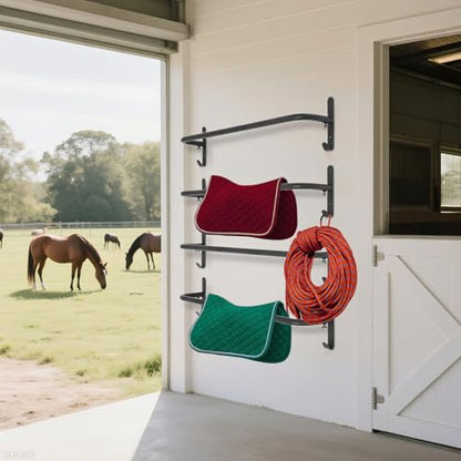 4 Pack Saddle Rack with Bridle Hooks, Wall Mounted Saddle Stand Blanket Bar for Hanging Horse Blankets Pads Horse Tack Storage for Western Horse Trailer Stall Supplies Accessories