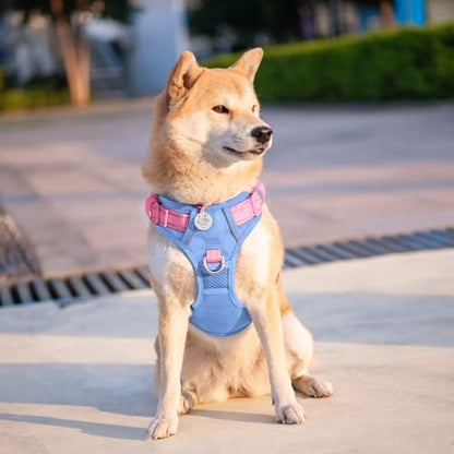 PHOEPET No Pull Dog Harness, Unique Colors Reflective Adjustable Dog Vest - color: Baby Blue Base & Pink Straps, size: Large