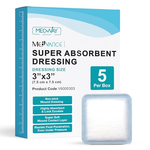 MedVance Super Absorbent Wound Dressing, Non-Adhesive Pads, 3"x3", Box of 5 | Sterile And Individually Wrapped - Non-Stick Wound Bandages - Super Soft - Highly Absorbent & Lock Exudate - Leakproof - size: 3"x3", style: 5 Pack