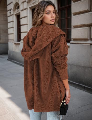 Zilcremo Women Hooded Cardigan Open Front Fuzzy Jacket - color: Caramel, size: X-Large