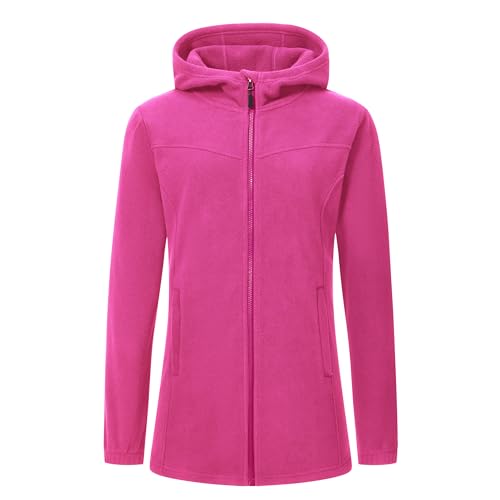 MoFiz Womens Long Soft Polar Fleece Jacket Full Zip with Hood - color: Jacket-rose Red, size: Small