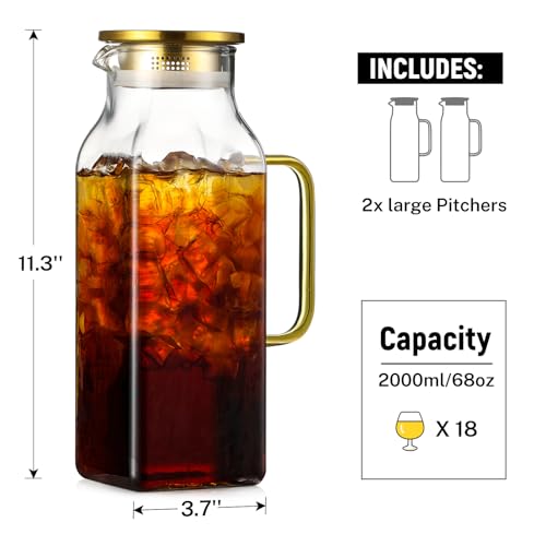 2 Pack 2 Liters/68 oz Square Glass Pitcher with Lid and Handle for Fridge, Iced Tea and Coffee Carafe Beverage Serveware, Heat Resistant Borosilicate Water Gold Jug for Hot/Cold Drinks and Milk - size: 68 oz Gold