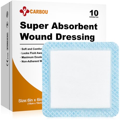 Carbou Super Absorbent Wound Dressing 6" x 6", 10 Pack, Non-Adhesive Pads - size: 6"x 6"(Pack of 10)