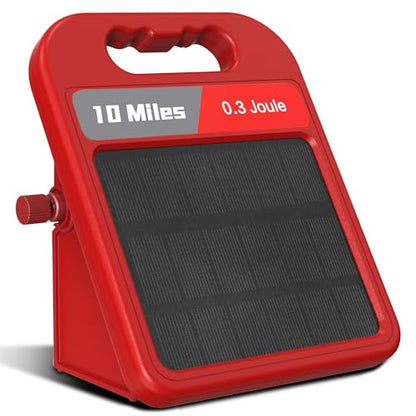 Solar Electric Fence Charger-0.3J-10 Miles, Maximum Output Voltage 10200V- Provide 24-Hour Uninterrupted Protection for Livestock and Yards with Rechargeable Solar Panel Red