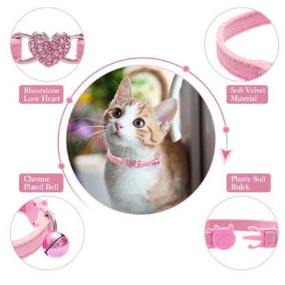 BINGPET Cat Collar Breakaway with Bell, Bling Kitten Collar,Pink&Black - color: Heart (Pink + Black)-2pcs