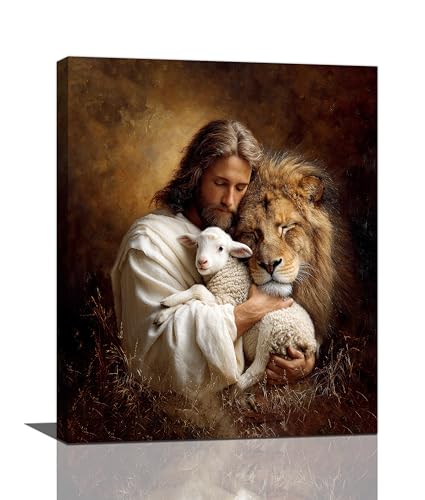 Jesus Lion Lamb Wall Art Christian Jesus Wall Decor Lion of Judah Pictures Religious God Canvas Painting Print Christ Artwork Decoration for Living Room Bedroom Church Framed Gifts 16”X20” - color: Jesus Lion and Lamb, size: 20"L x 16"W