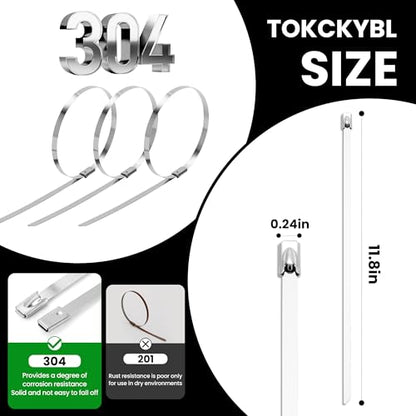 100 PCS 11.8 Inch 304 Stainless Steel Metal Zip Ties - color: Silver
