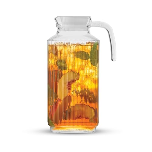 JoyJolt 60oz Glass Pitcher with Lid (2 Lids) - Beverage Serveware and Storage Container for Cold Drinks and Liquids. Juice Container, Water Jug, Fridge Pitcher for Iced Tea or Milk - size: 60 Ounces