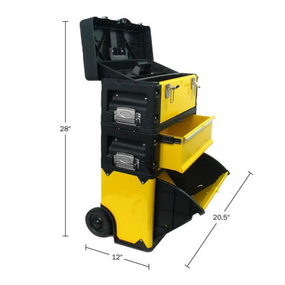 Portable Tool Box on Wheels - Stackable 3-in-1 Chest for Workshops and Craft Rooms - Foldable Comfort Handle and Latches by Stalwart (Black/Yellow) - style: 3-in-1