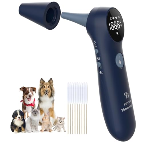 Pet Ear Thermometer for Dogs, Cats, and Livestock, Long Probe Designed, ℃/ ℉ Convert and Sound Switch Dedicated Button, 1 Second Measurement, 20 pcs Pet Swabs Included(Blue)