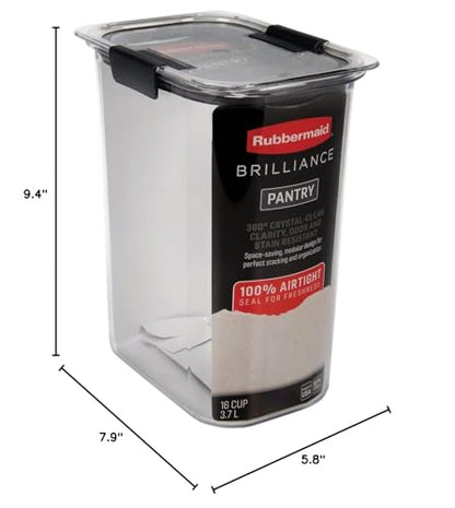 Rubbermaid Brilliance Food Storage Container, 16-Cup, Airtight | Clear/Grey | For Pantry Organization | Pack of 2 - size: Set of 2
