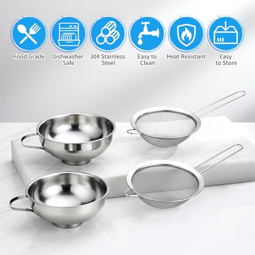 4 Pieces Stainless Steel Funnels with Fine Mesh Strainer