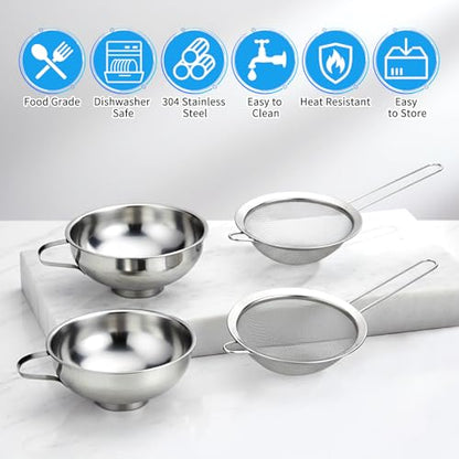 4 Pieces Stainless Steel Funnels with Fine Mesh Strainer