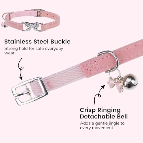 BINGPET Diamond Cat Collar with Bell,Adjustable Kitten Collar,Pink - color: Pink(Bowknot), size: Neck Girth 8"-10"