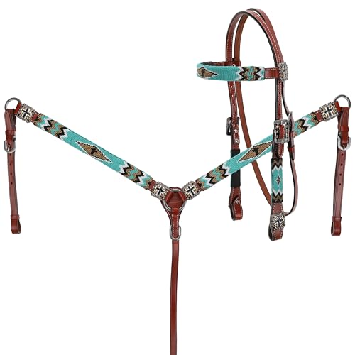Showman Leather Headstall and Breast Collar Set with Teal, Gold & Black Beaded Overlay w Cross