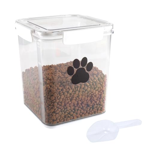 4L Dog Food Storage Container,Airtight Pet Food Storage Containers with Buckle-Lock Lids & Spoon,Plastic Cat Food Bin BPA Free,Dog Treat Container for Dog, Cat, Bird Seed - Bright White