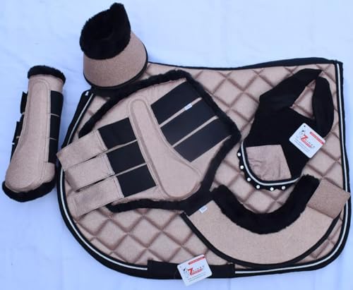 Glitter Rose Gold All Purpose English Saddle Pad with Matching Fly Bonnet, Boots – Handmade Jumping Saddle Pad Set