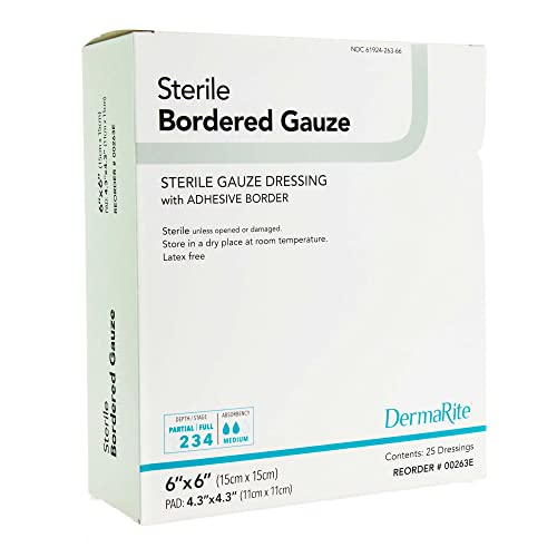 DermaRite Sterile Bordered Gauze Dressing with Adhesive Border, 6 in, 1 ct | Flexible Non-Linting Material, First-Aid, Individually Packaged