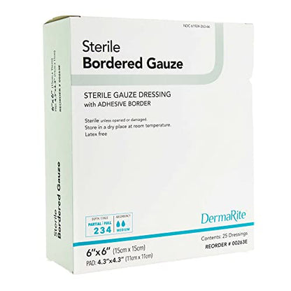 DermaRite Sterile Bordered Gauze Dressing with Adhesive Border, 6 in, 1 ct | Flexible Non-Linting Material, First-Aid, Individually Packaged