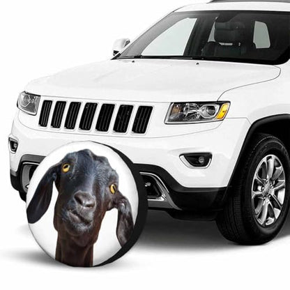 Black Goat Spare Tire Cover Cute Funny Goat Portrait with Humorous Face and Yellow Eyes Polyester Universal Wheel Tire Cover for Trailer Camping Weatherproof for Rv SUV Truck Camper Travel 17 inch - size: 17 inch